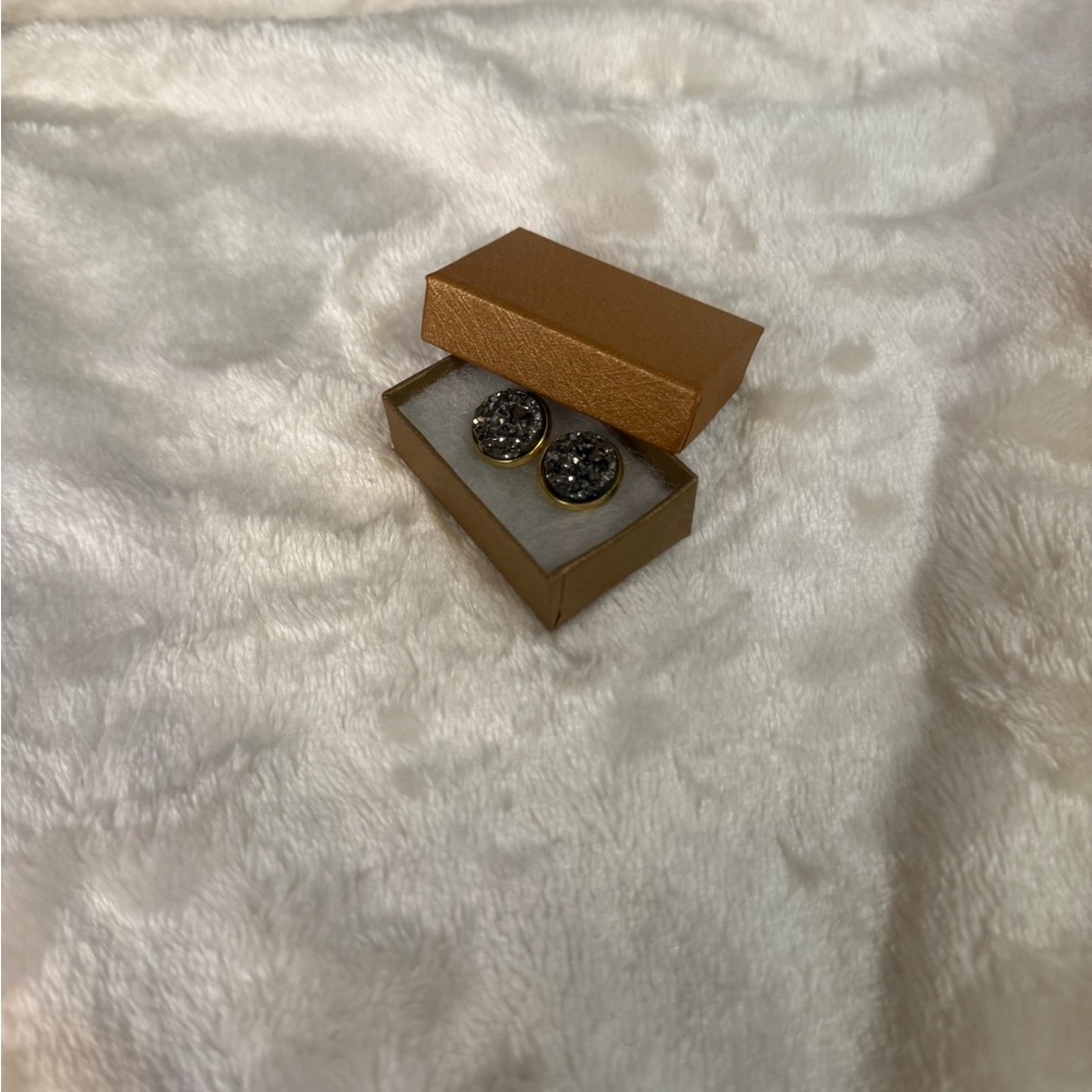 Gold and Black Druzy Quarts Stud Earrings